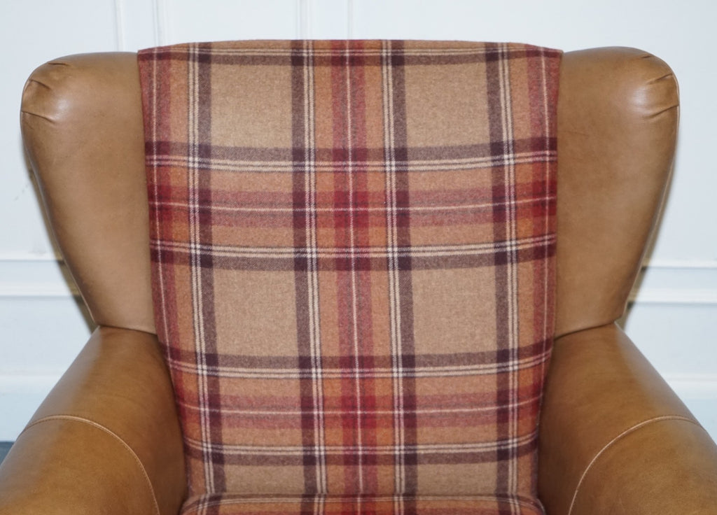 STUNNING PAIR OF  ALEXANDER & JAMES LAWRENCE LEATHER & FABRIC WINGBACK ARMCHAIRS