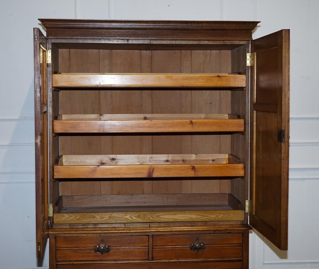 ANTIQUE VICTORIAN ENGLISH OAK LINEN PRESS WARDROBE WITH FOUR DRAWERS
