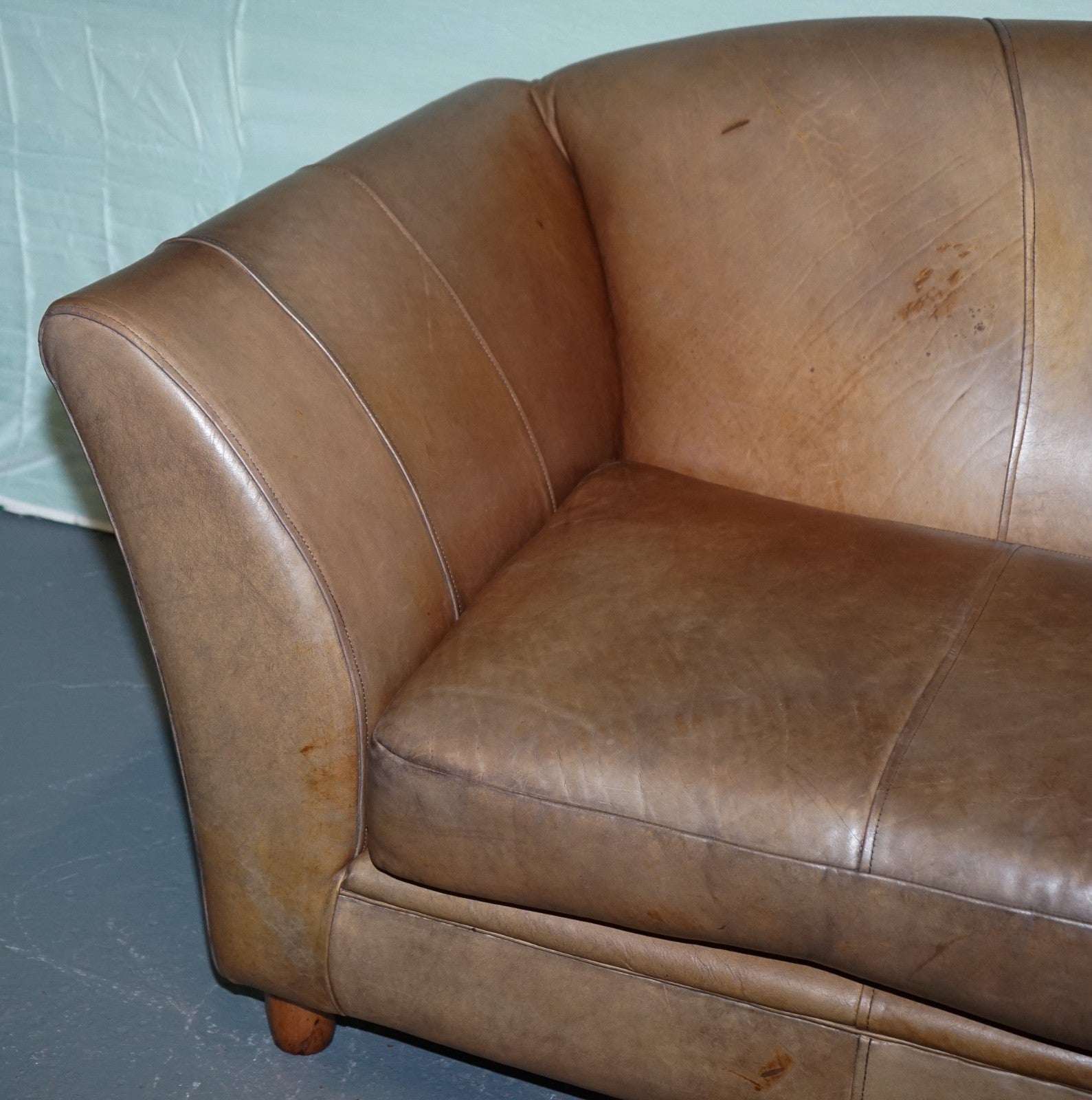 VINTAGE ART DECO STYLE BROWN LEATHER TWO SEATER SOFA