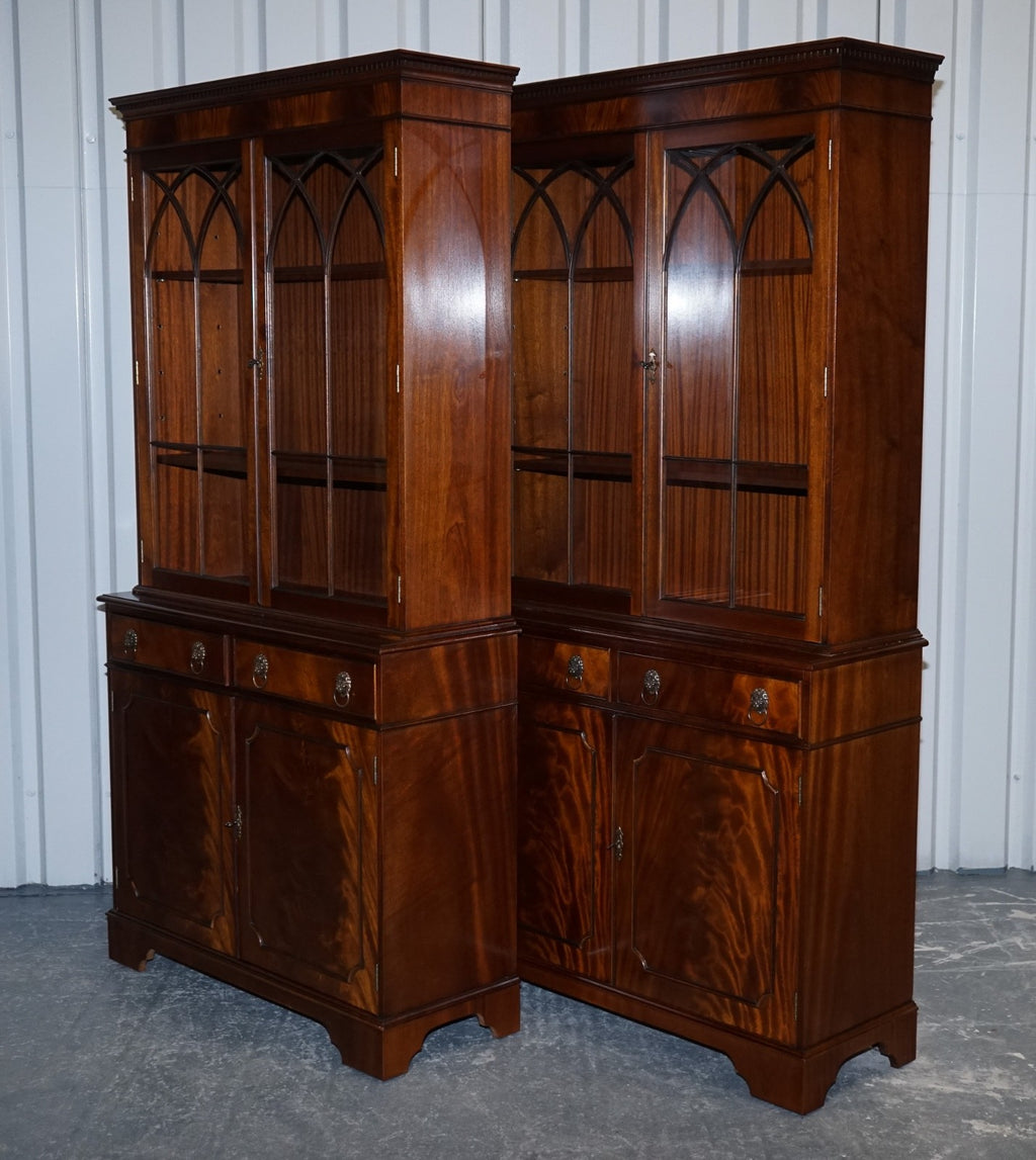 PAIR GEORGIAN STYLE DISPLAY CABINETS BOOKCASES WITH BRASS LION HANDLES