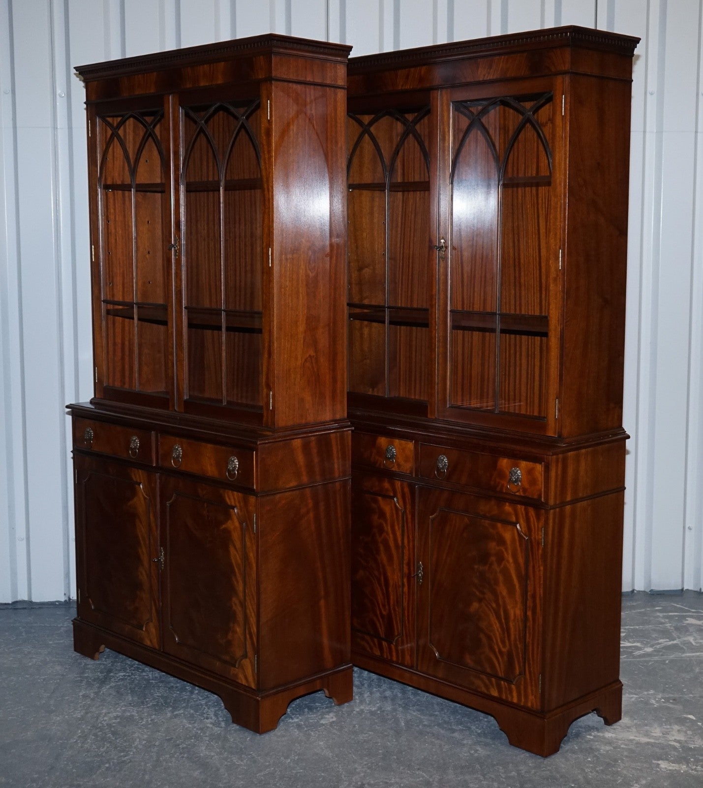 PAIR GEORGIAN STYLE DISPLAY CABINETS BOOKCASES WITH BRASS LION HANDLES
