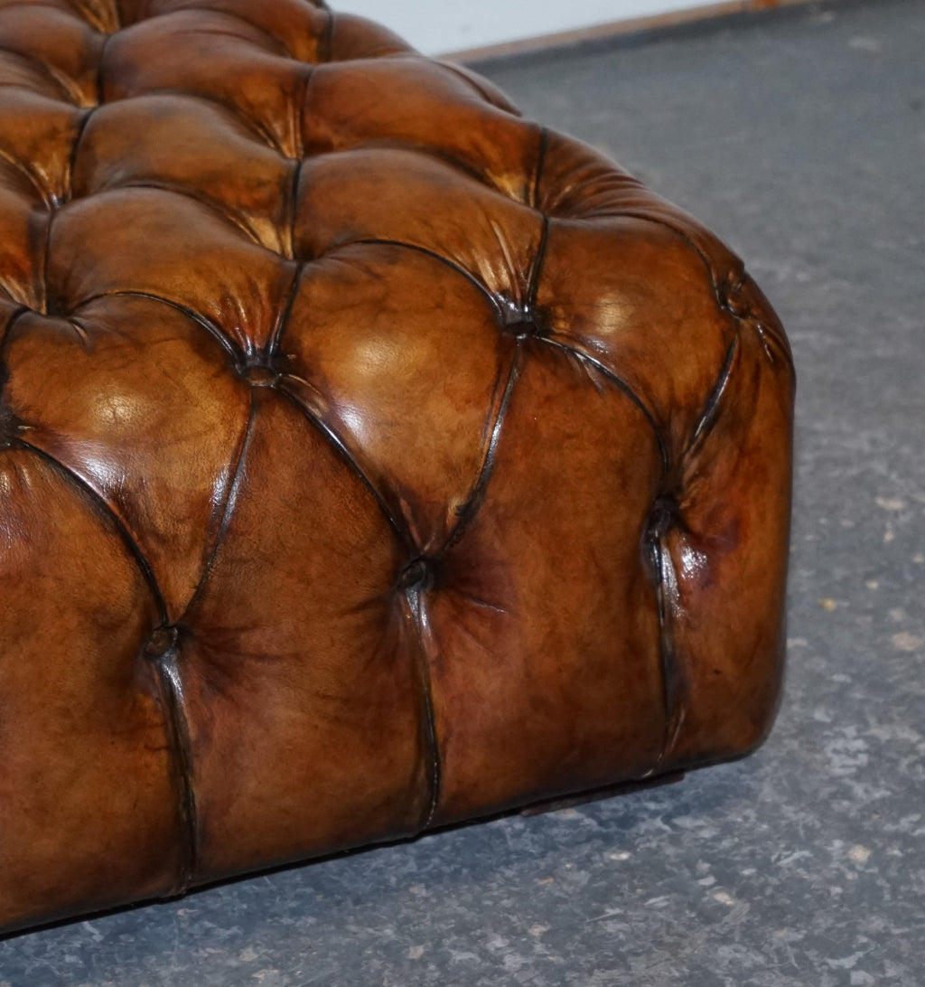 STUNNING LARGE HAND DYED BROWN LEATHER CHESTERFIELD FOOTSTOOL OTTOMAN
