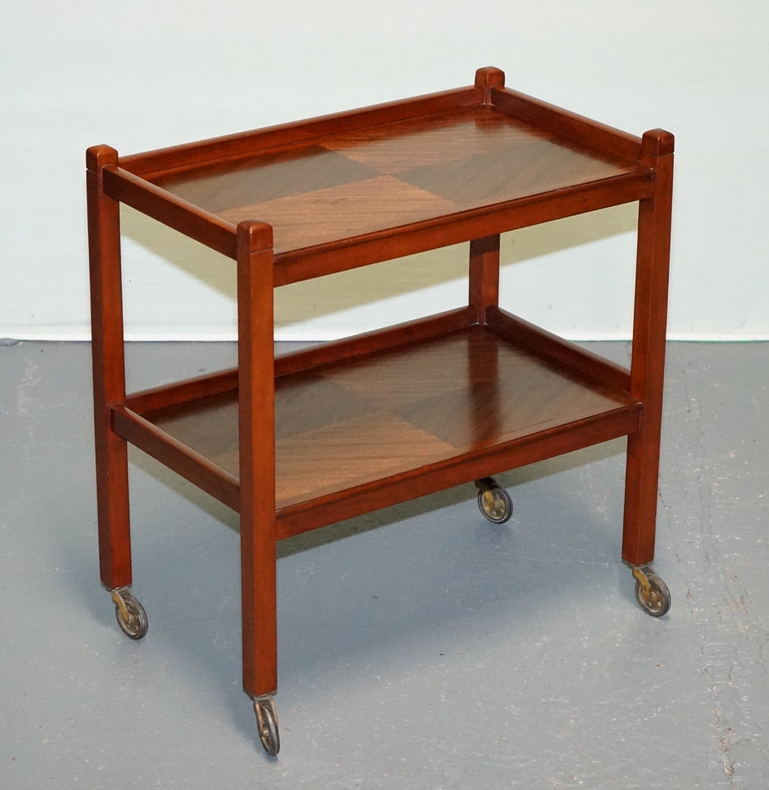 1960s VINTAGE TWO TIER WOODEN TEA TROLLET ON BRASS CASTERS