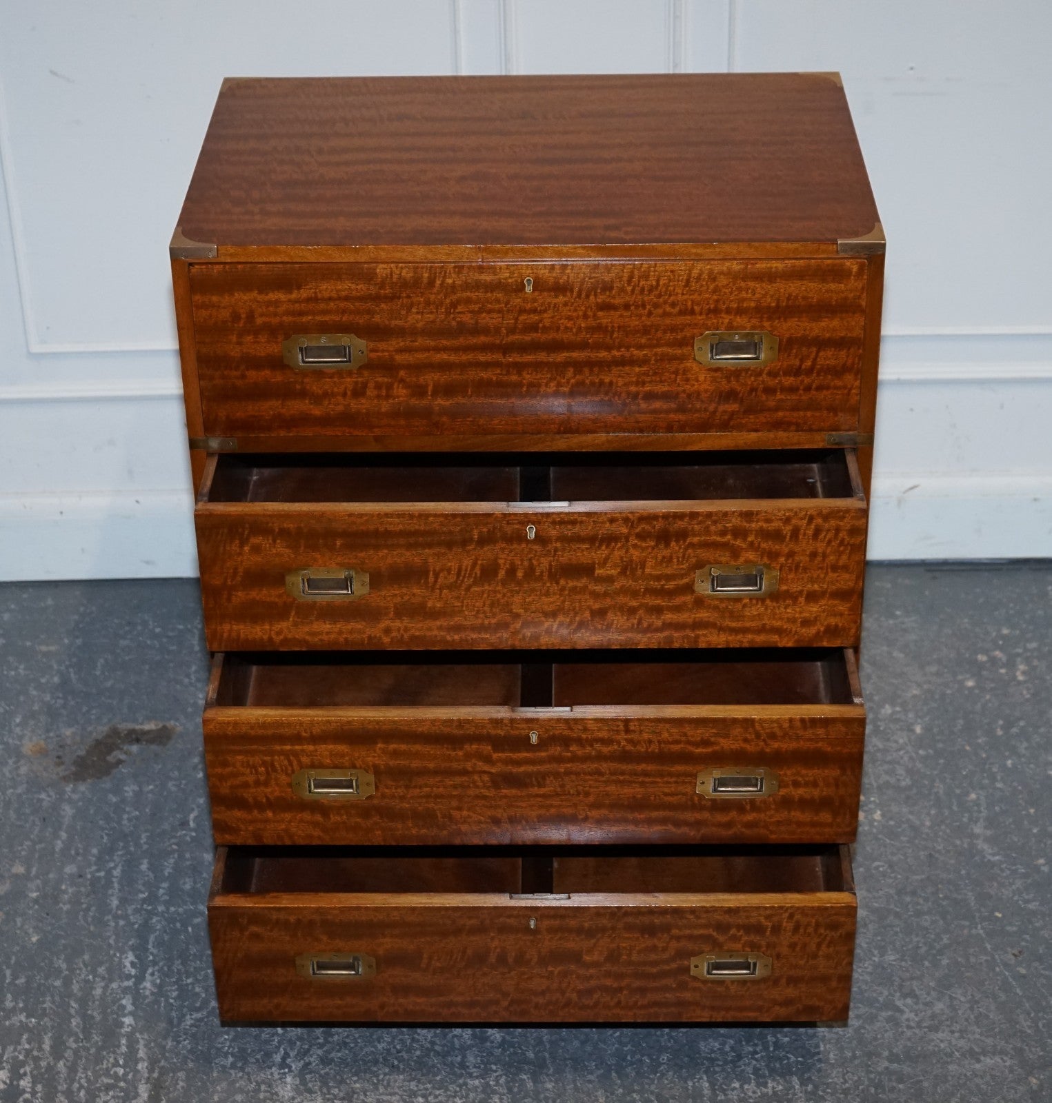 VINTAGE MILITARY CAMPAIGN SECRETAIRE CHEST OF DRAWERS WITH AGED RED LEATHER