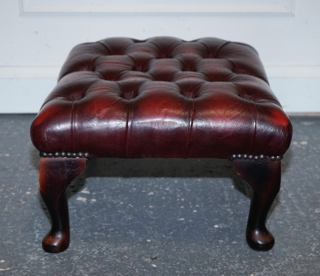 VINTAGE BURGUNDY LEATHER CHESTERFIELD QUEEN ANNE LEGS FOOTSTOOL