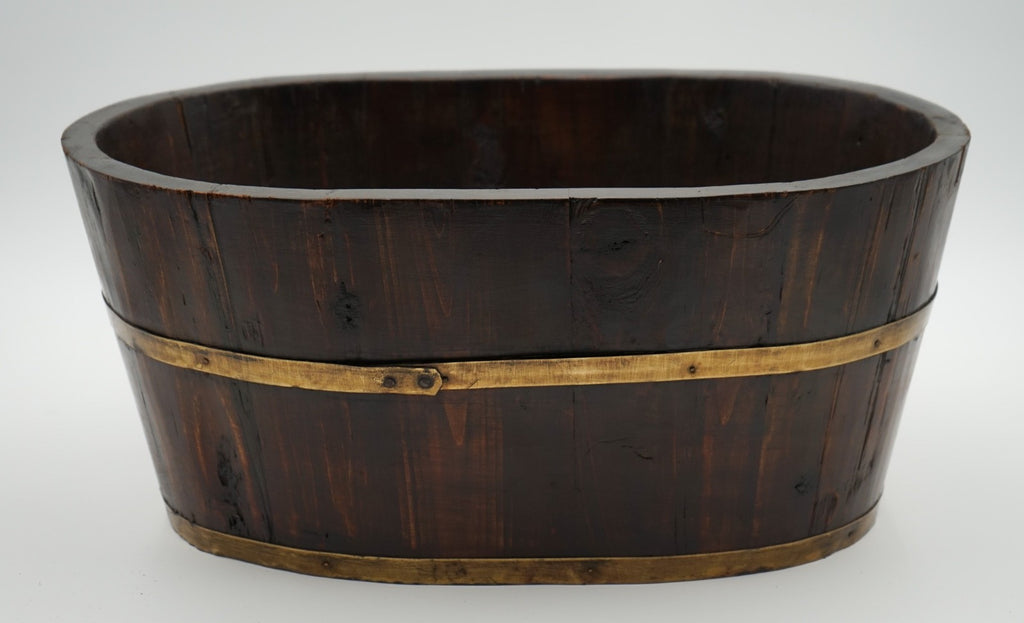 ANTIQUE ENGLISH OAK PLANTER OR CHAMPAGNE COOLER BUCKET WITH BRASS TRIM