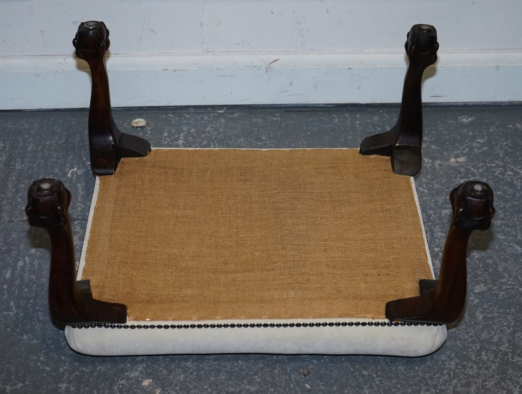 ANTIQUE EARLY VICTORIAN CLAW AND BALL FEET FOOTSTOOL WITH WHITE SUEDE TOP