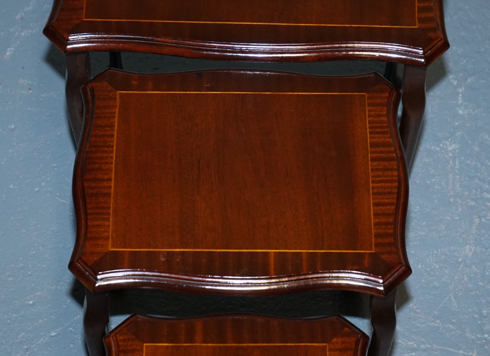 VINTAGE HARDWOOD NEST OF TABLES WITH iNLAY QUEEN ANNE STYLE
