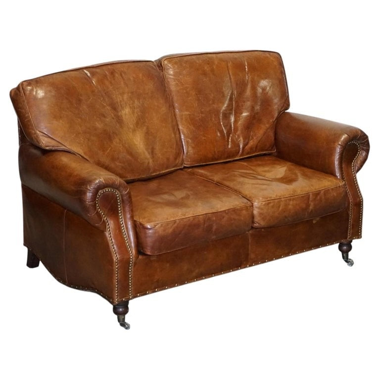 HALO TIMOTHY OULTON STYLE BALMORAL TWO SEATER BROWN HERITAGE LEATHER SOFA
