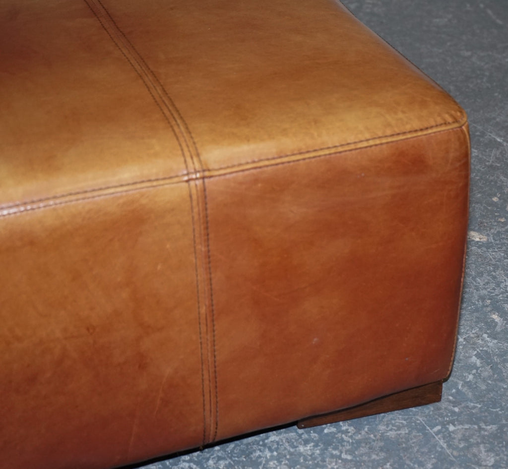 VINTAGE LARGE TAN LEATHER FOOTSTOOL OTTOMAN MADE BY HALO