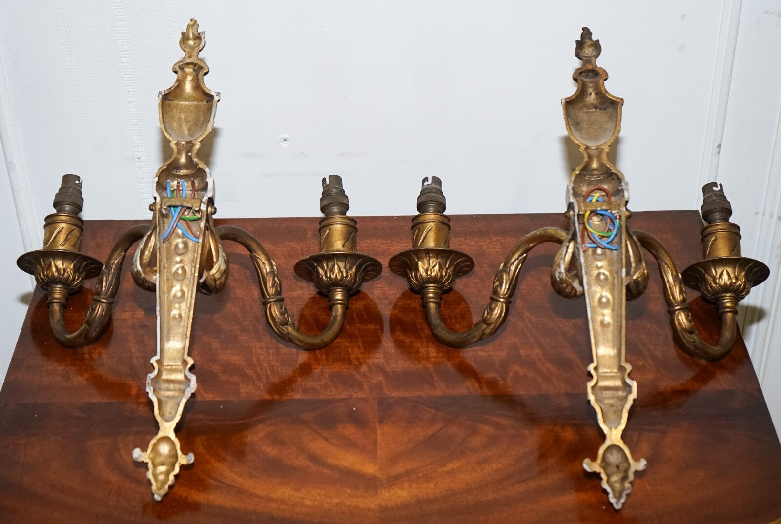 PAIR OF 19TH CENTURY FRENCH BRASS SCONCES TWO BRANCHES WALL LIGHTS