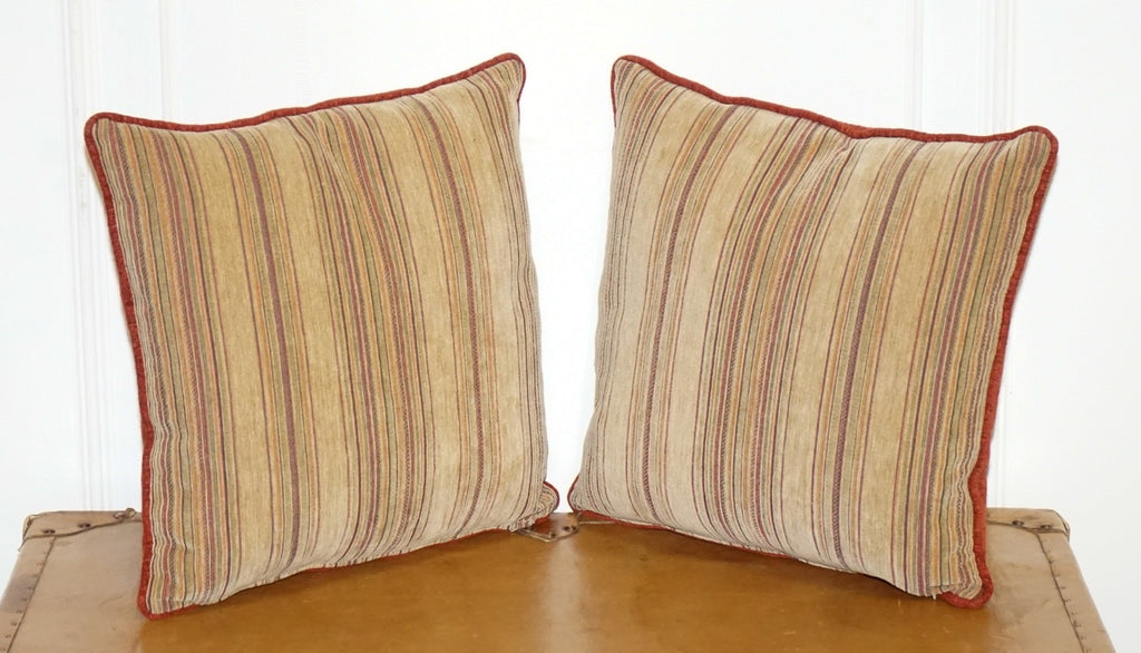 VINTAGE PAIR OF BEIGE STRIPPED & BURNT ORANGE FEATHER FILLED SCATTER CUSHIONS