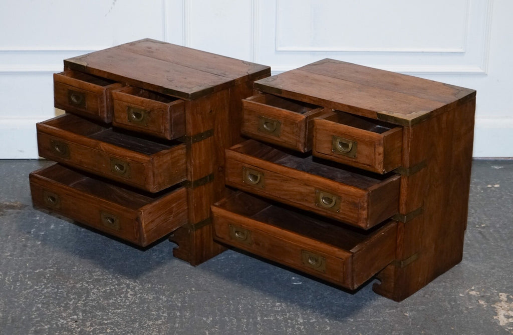 PAIR VINTAGE MILITARY CAMPAIGN BEDSIDE TABLES NIGHTSTANDS