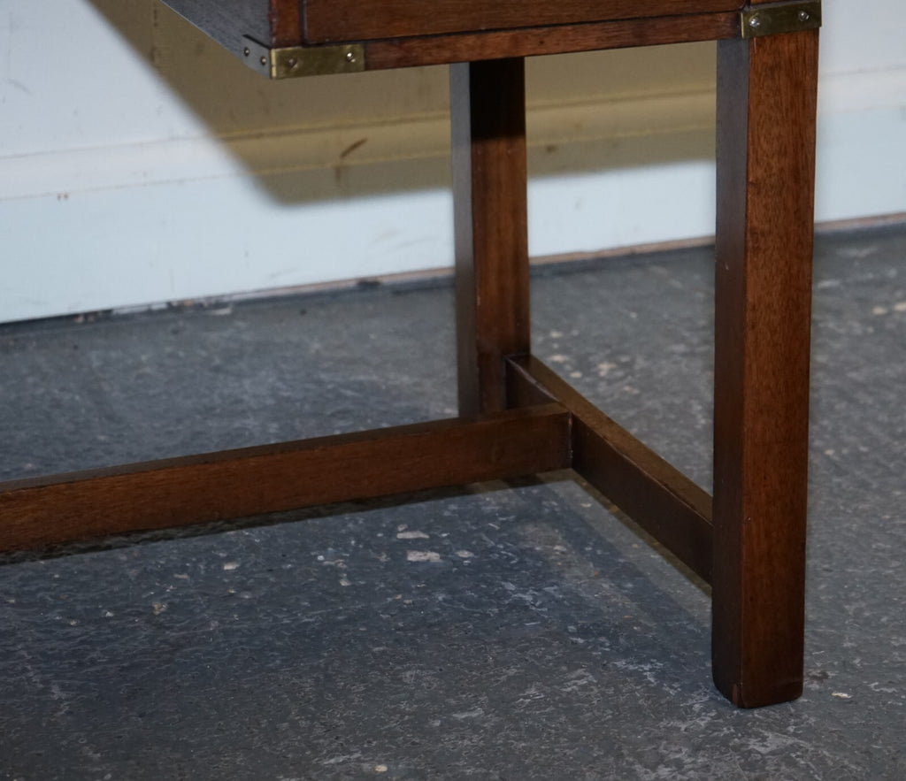 VINTAGE HARRODS LONDON KENNEDY MILITARY CAMPAIGN LEATHER TOP WRITING TABLE DESK