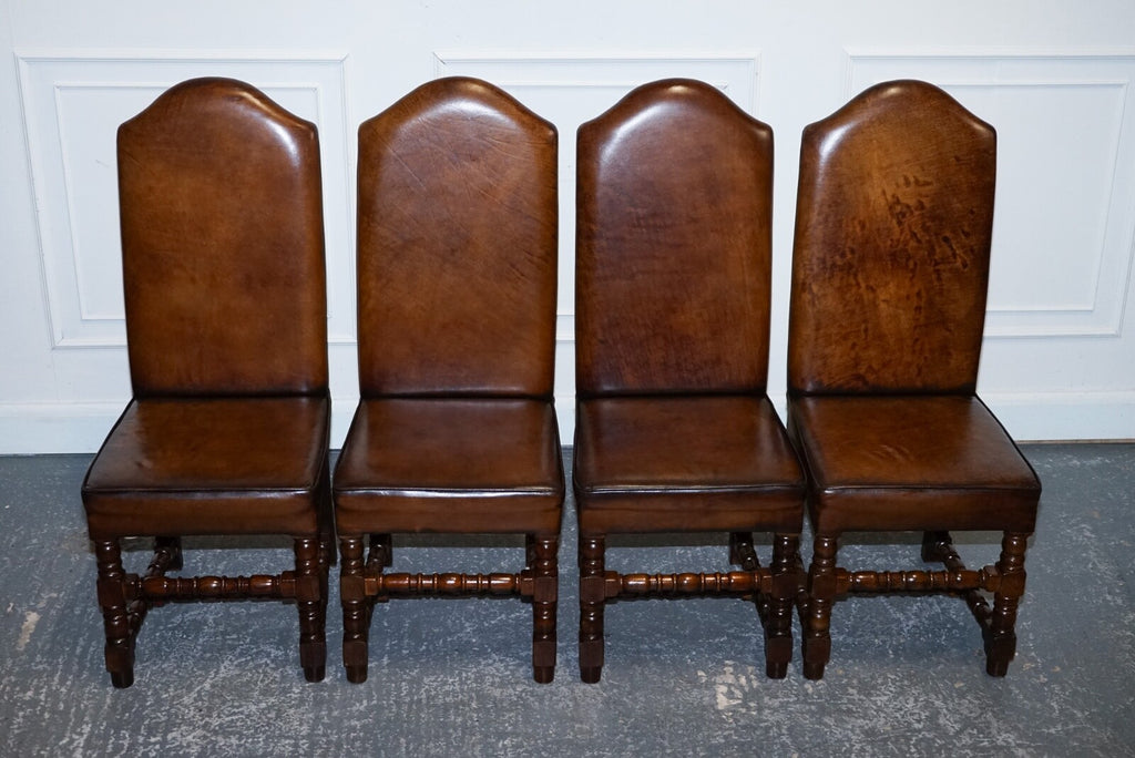 8 RESTORED CROMWELLIAN HAND DYED WHISKEY BROWN LEATHER DINING CHAIRS
