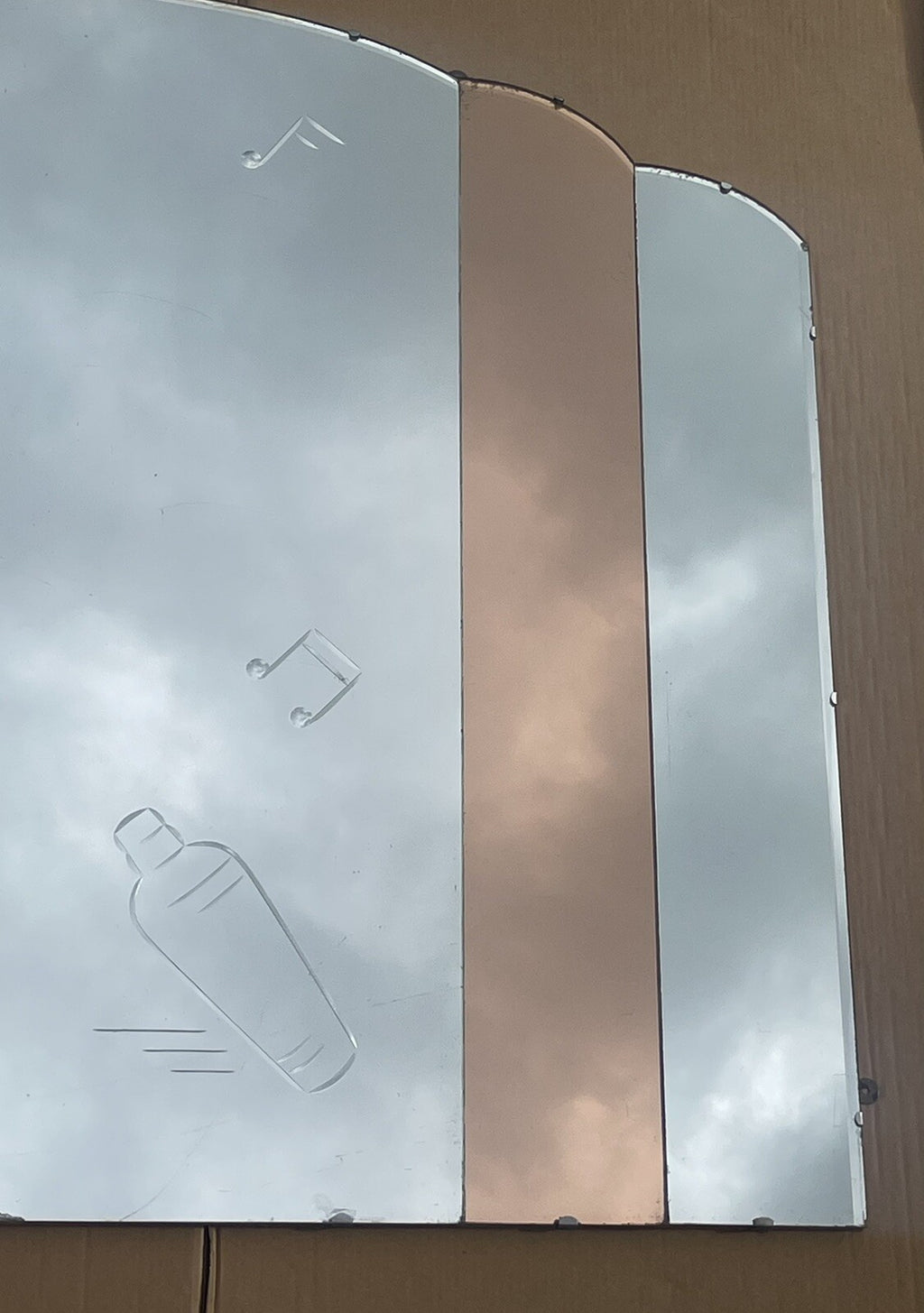 HUGE 1930's FRENCH ART DECO AMBER PEACH BEVELLED WALL MIRROR COCTAILS BAR DECO