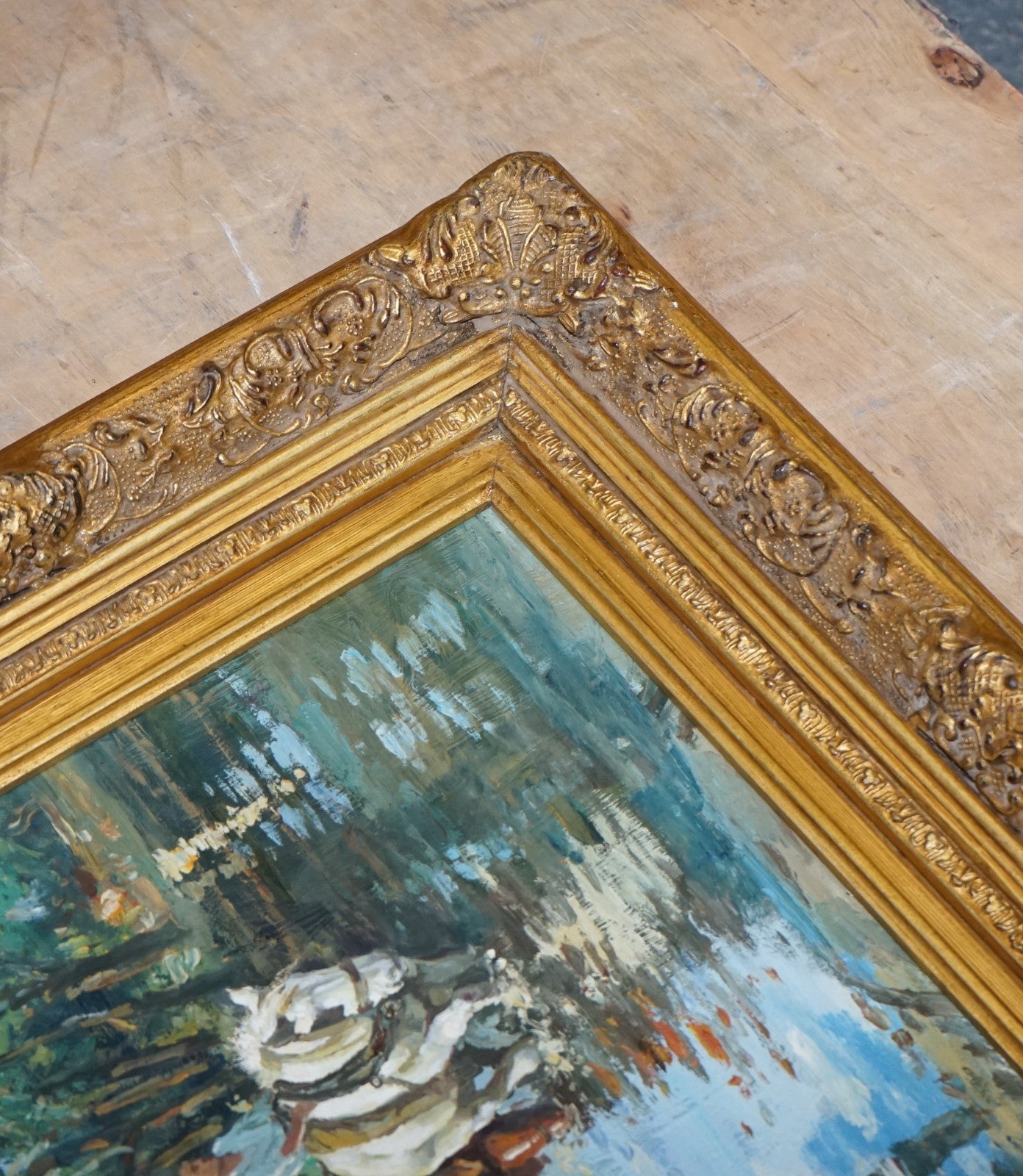 ANTIQUE OIL PAINTING HORSE RIDER CROSSING A STREAM GILTED FRAME 49 X 60 CM