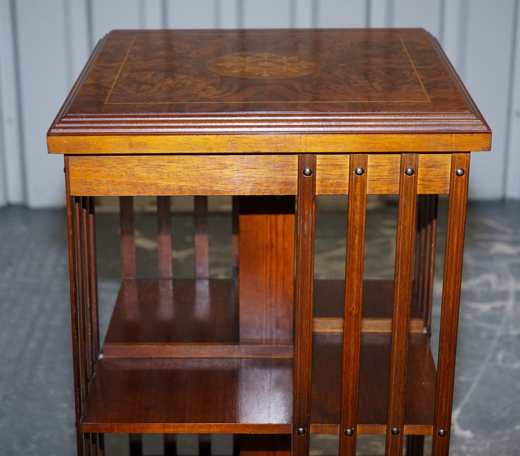 VINTAGE BURR WALNUT TOP REVOLVING BOOKCASE RAISED ON CASTORS