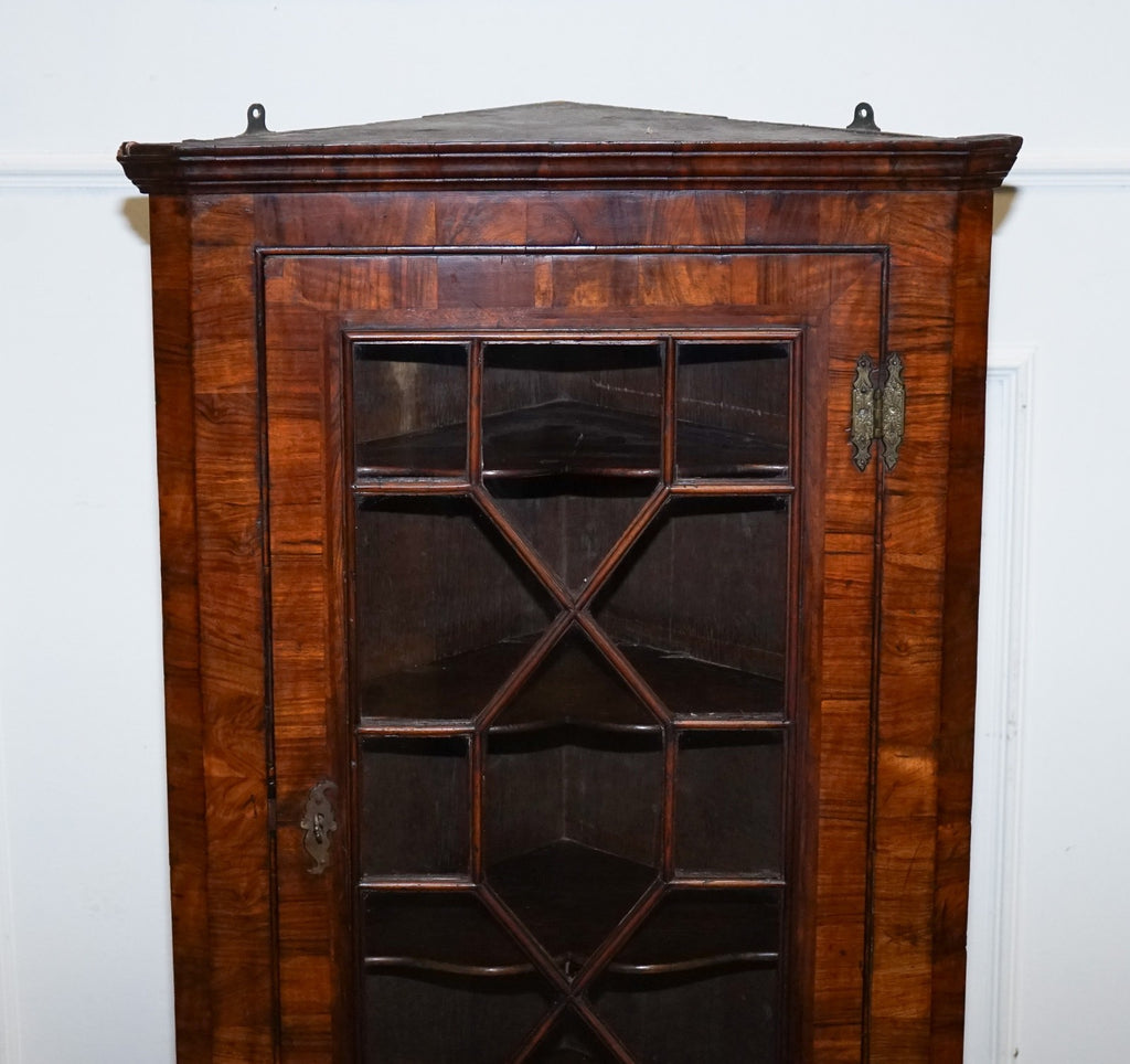 GEORGIAN CORNER HANGING DISPLAY CABINET BOOKCASE GLAZED DOOR DRAWER INSIDE