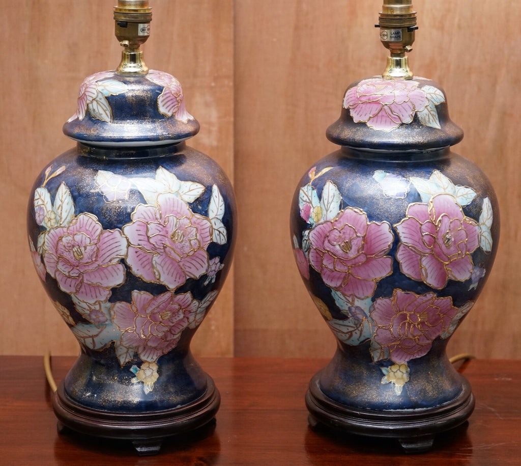 NAVY BLUE LAMP STAND WITH FLORAL ARTWORK