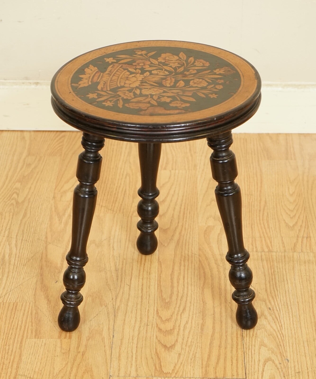 LOVELY DUTCH MARQUETRY LACQUERED STOOL SIDE END TABLE