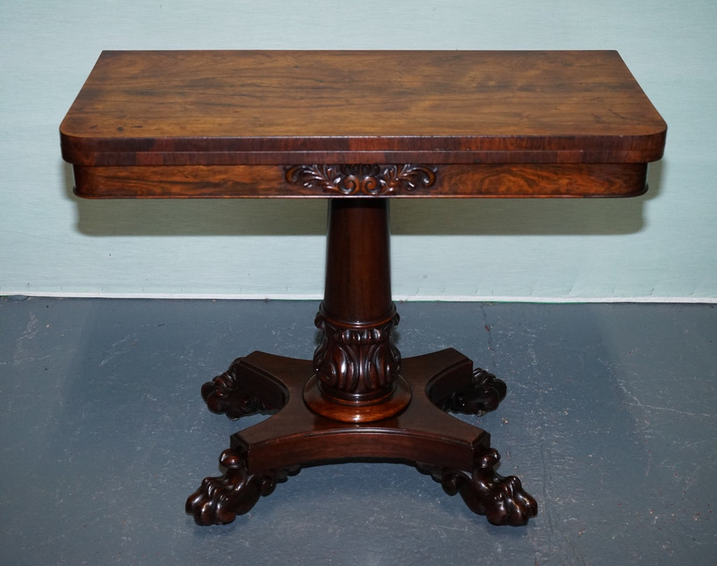 ANTIQUE 1830s WILLIAM IV FOLDING PEDESTAL CARD GAME TABLE CARVED PAW BASE