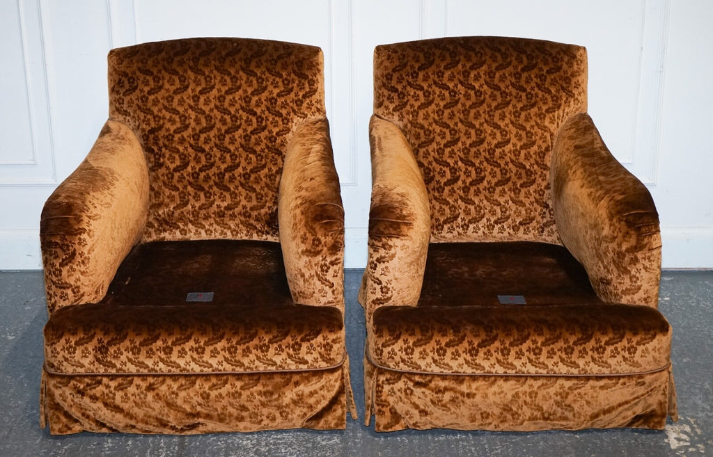 VINTAGE PAIR CUSTOM MADE BROWN GOLD VELVET CONNAUGHT ARMCHAIRS BY DUDGEON LONDON