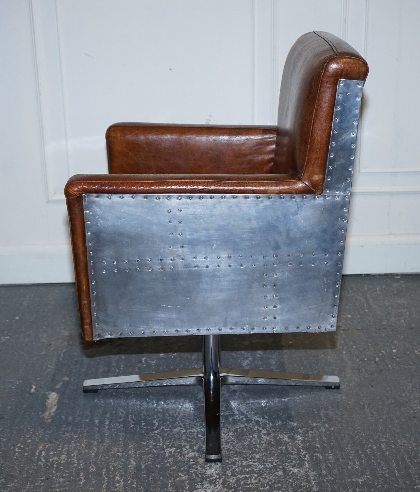 VINTAGE BROWN LEATHER AVIATOR METAL SWIVEL OFFICE CAPTAINS ARMCHAIR