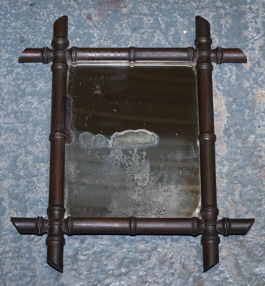 SMALL FRENCH ANTIQUE DECORATIVE FAUX BAMBOO WALL MiRROR WITH HEAVILY FOXED GLASS