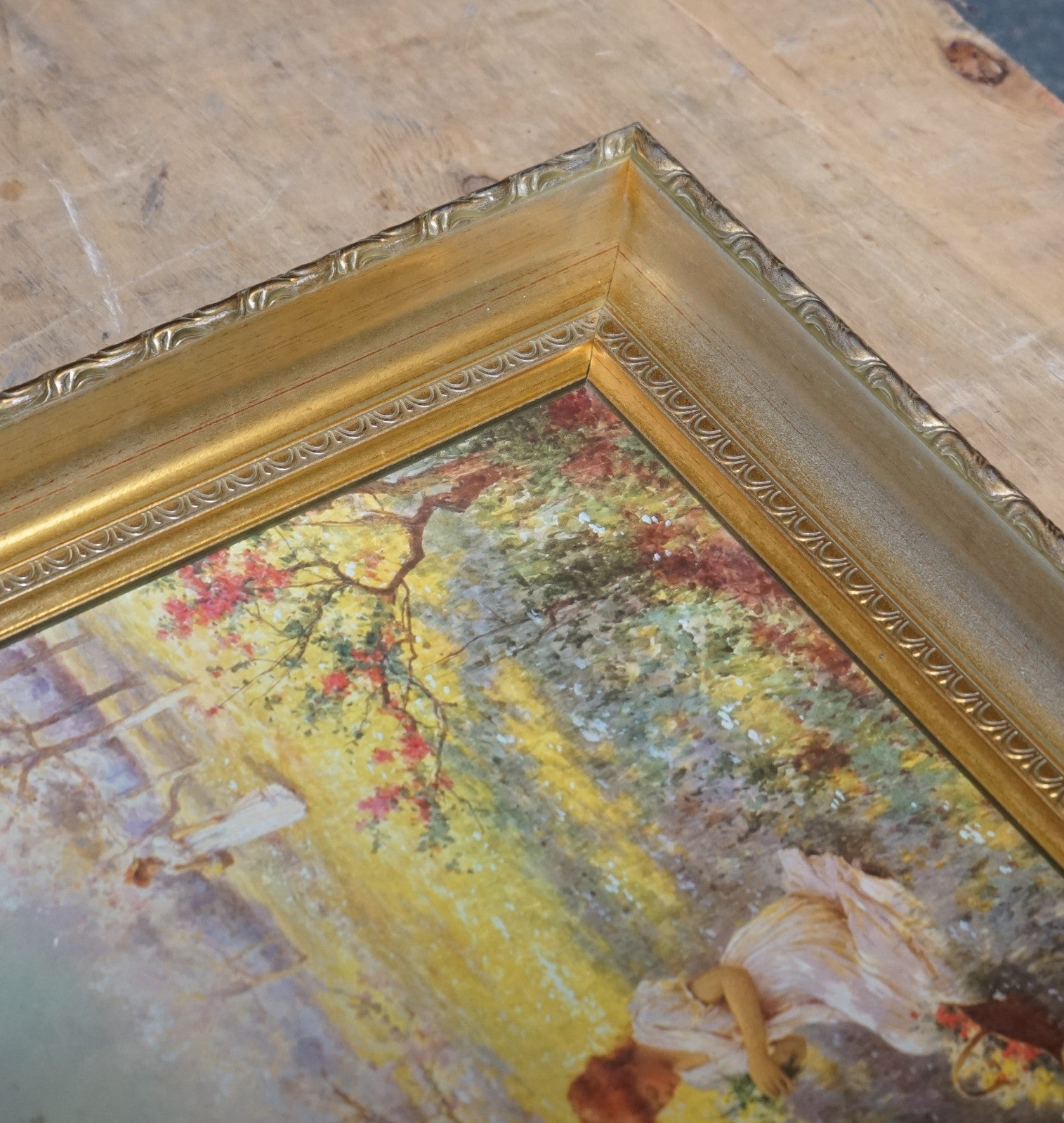 PAINTING PRINT GOLDEN FRAME''PICKING FLOWERS''BY ALFRED GLENDENING JR. 42X52 CM