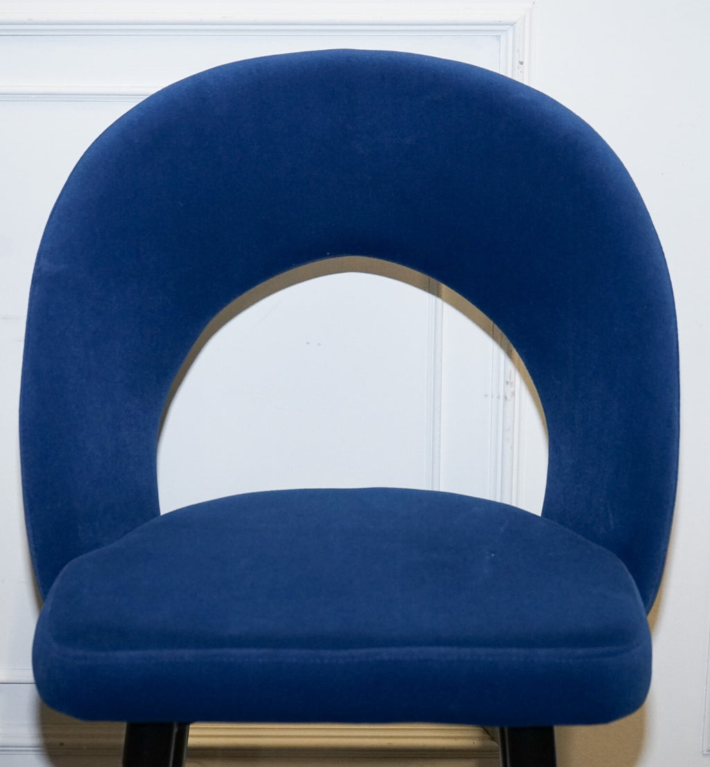 BEAUTIFUL PAIR OF BLUE VELVET BAR CHAIRS WITH GOLD DETAIL ON THE FRAME