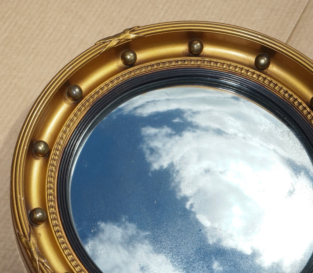 ANTIQUE 1920'S BUTLERS CONVEX GOLD GILT WOOD WALL SLIGHTLY FOXED MIRROR