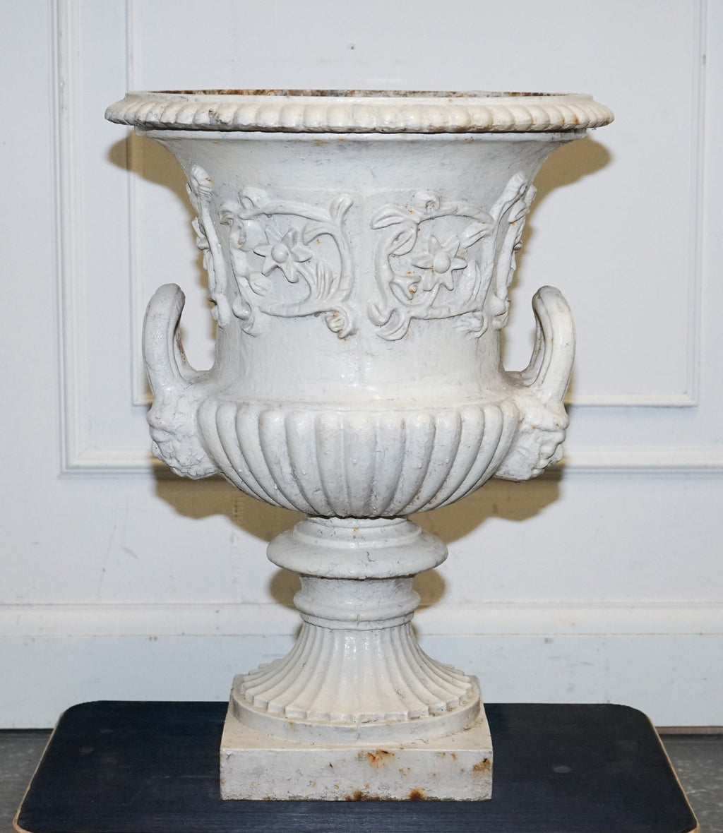 VICTORIAN PAINTED CAST IRON URN FLARED BEADED RIMS ABOVE SCROLLiNG ACANTHUS