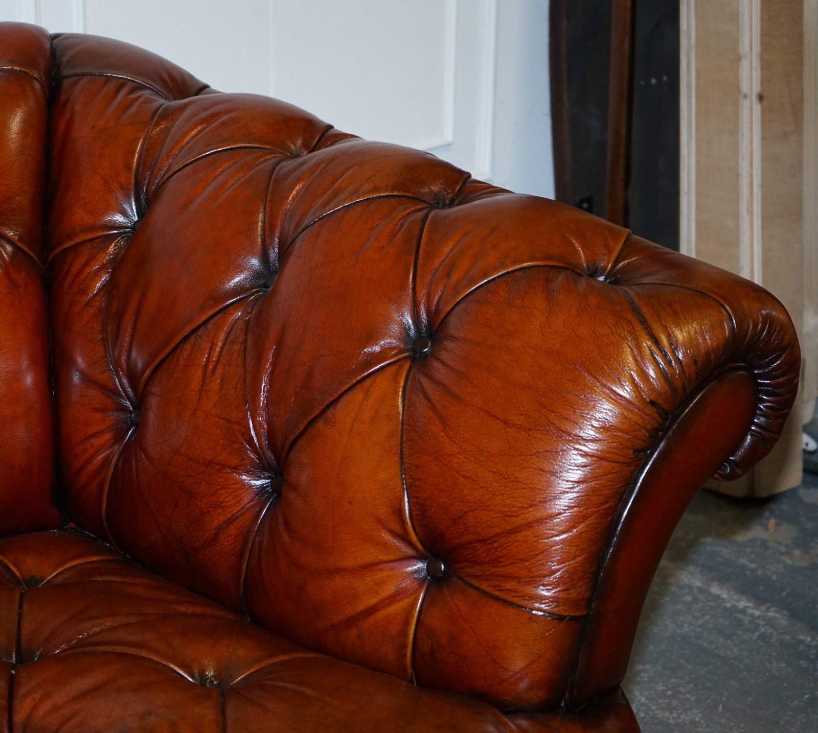 RESTORED HAND DYED LEATHER THREE SEATER CHESTERFIELD TETRAD OSKAR SOFA