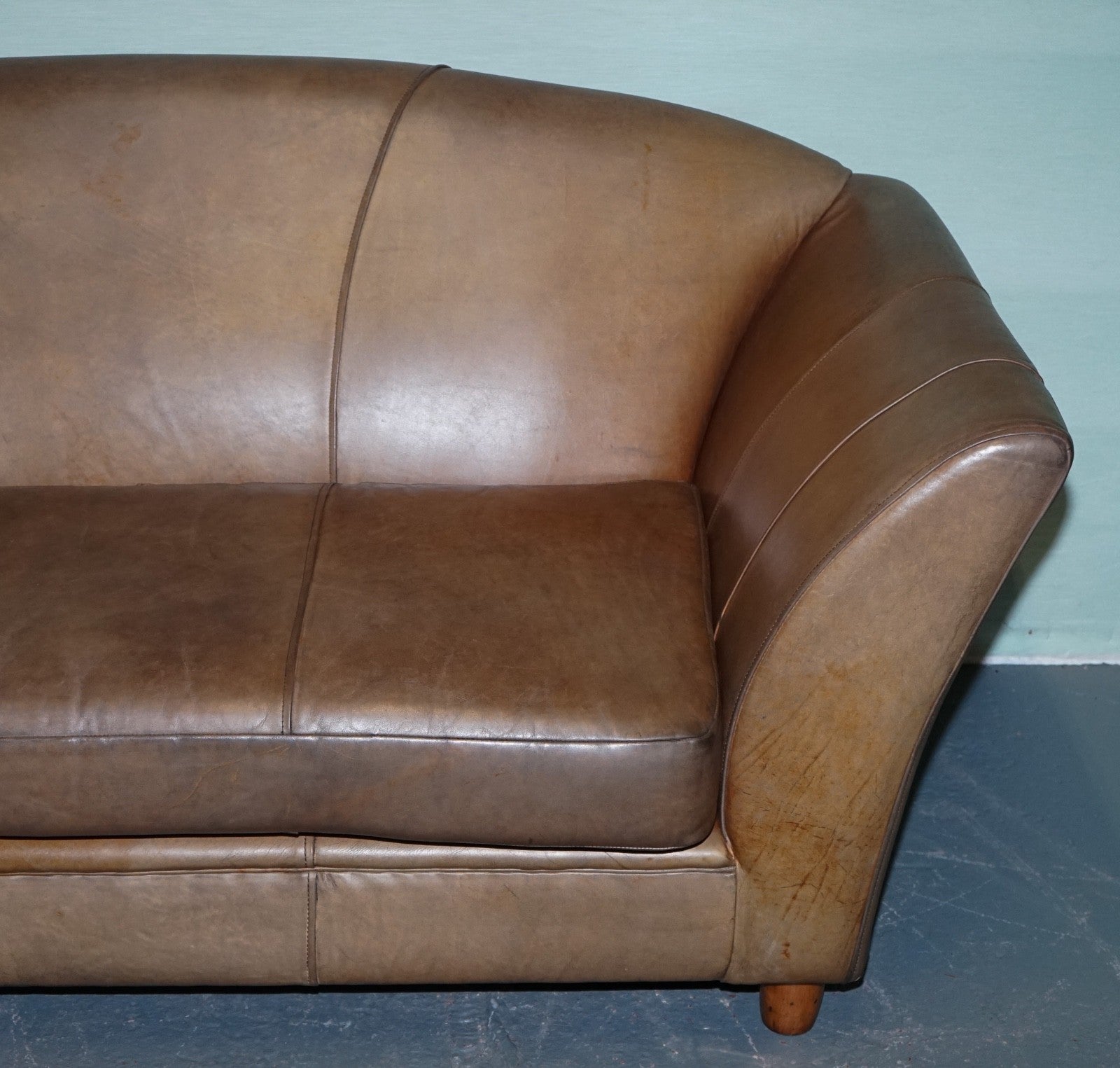 VINTAGE ART DECO STYLE BROWN LEATHER TWO SEATER SOFA