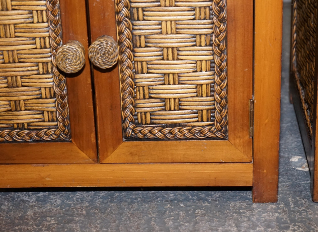 VINTAGE PAIR OF WICKER OR RATTAN NIGHTSTANDS BEDSIDE TABLES CUPBOARD & DRAWER