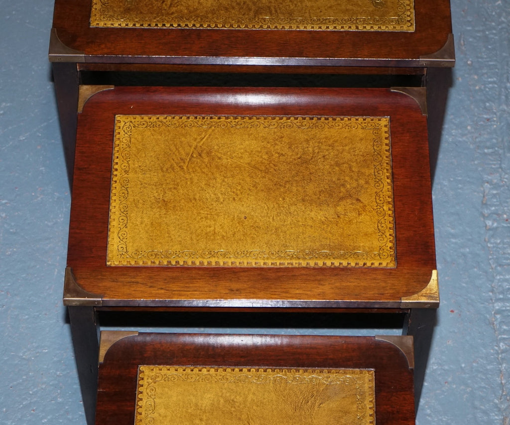 VINTAGE MILITARY CAMPAIGN BRASS NEST OF TABLES WITH CAMEL BROWN LEATHER TOPS
