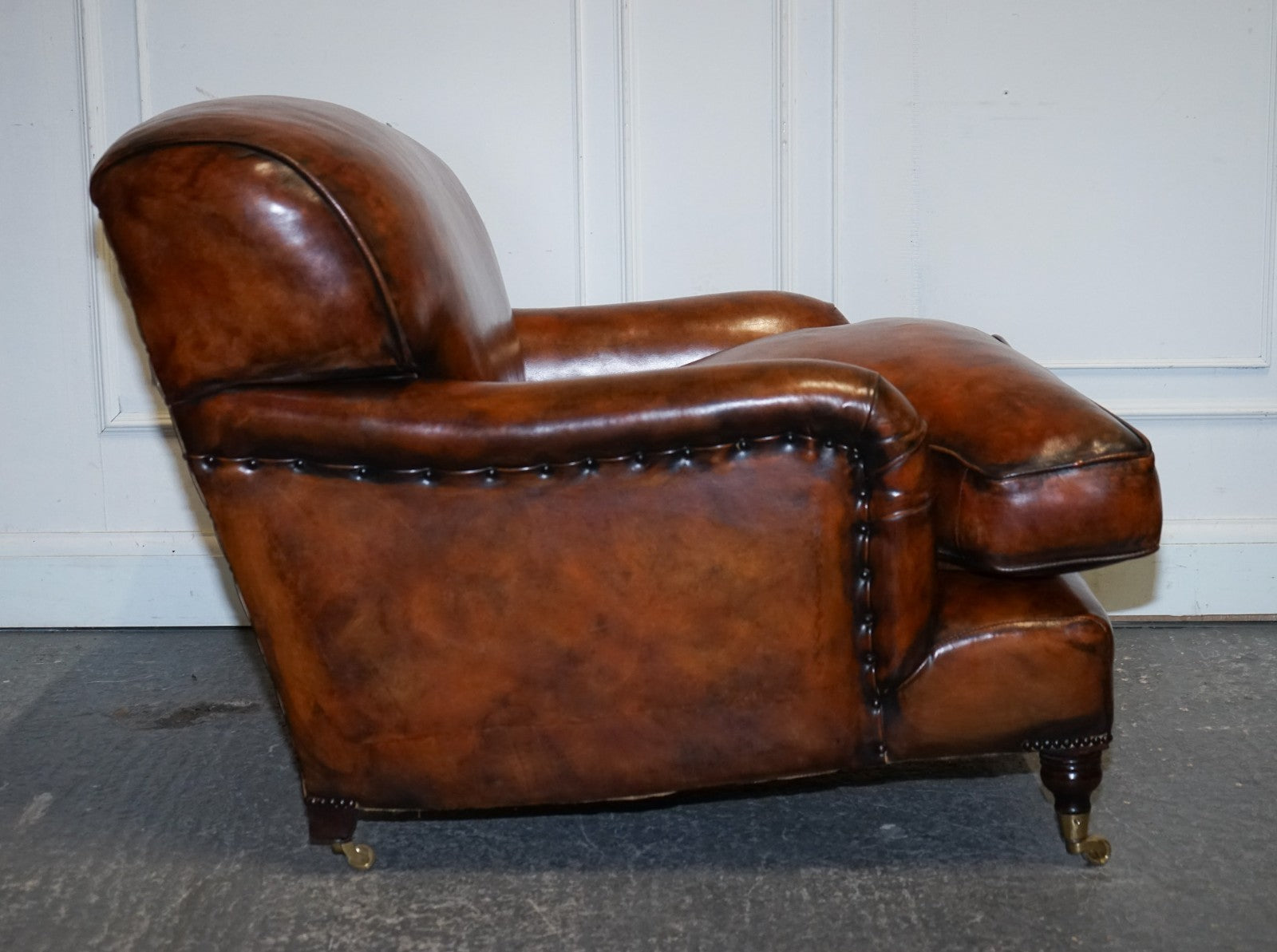 LARGE PAIR OF HOWARD STYLE HAND DYED LEATHER ARMCHAIRS FEATHER FILLED CUSHIONS