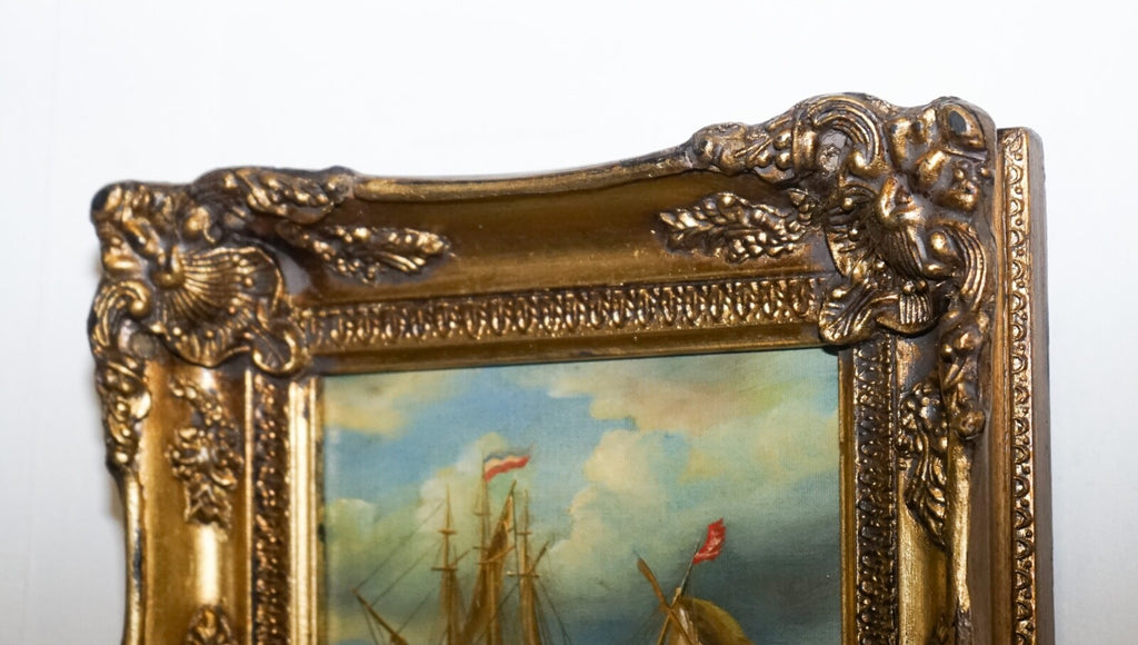 FINE ANTIQUE EARLY 20TH CENTURY OIL PAINTING OF FRENCH SHIP GILTWOOD FRAME