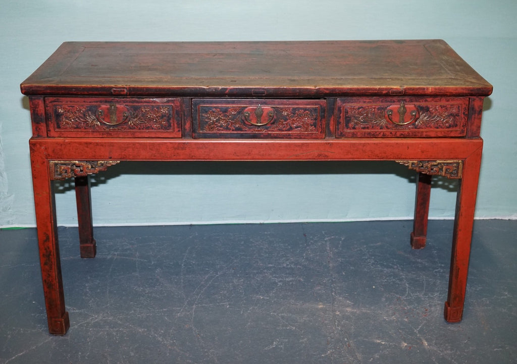 1800 ANTIQUE QING DYNASTY LACQUERED ORIENTAL CHINESE CONSOLE TABLE CARVED FLORAL