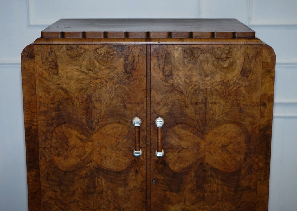 STUNNING ART DECO 1920'S PETITE BURR WALNUT TWO DOOR WARDROBE OR AMOIRE