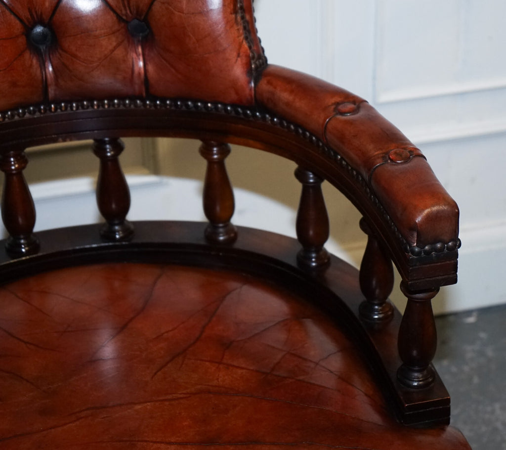 ANTIQUE HAND DYED BROWN LEATHER CHESTERFIELD CAPTAINS OFFICE SWIVEL ARMCHAIR