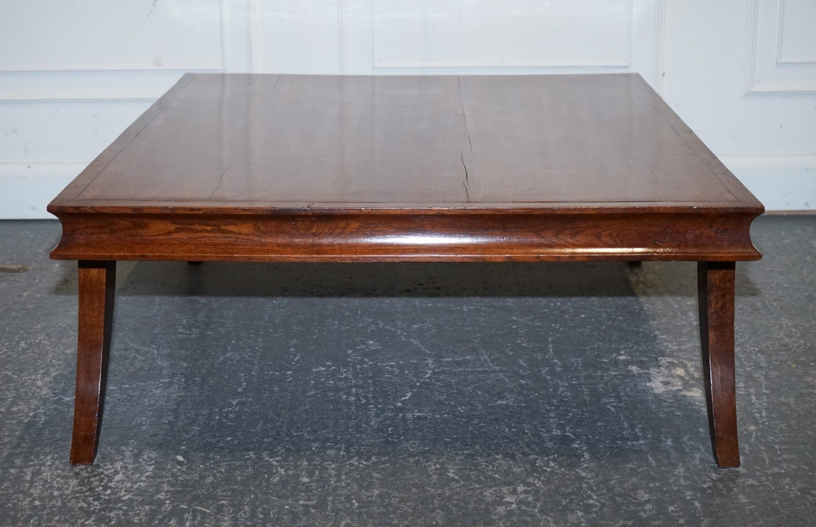 ANTIQUE ART DECO GOLDEN OAK COFFEE TABLE MAPPA BURL TRIM & SPLAYED LEGS