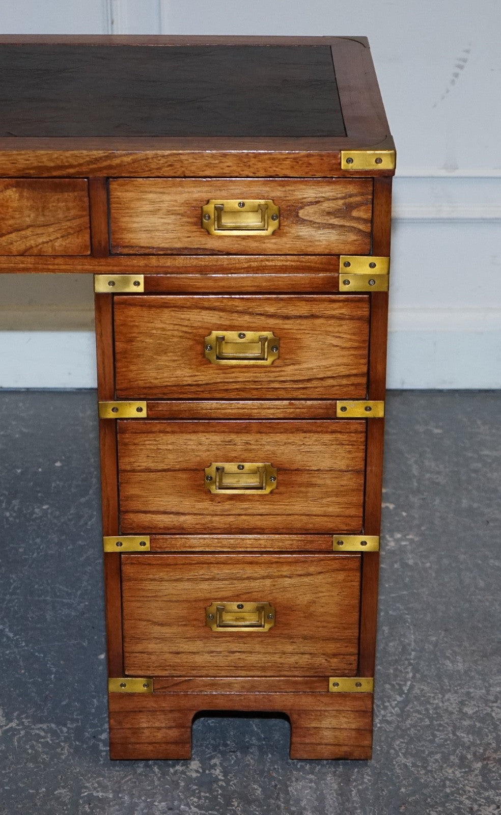 VINTAGE MILITARY CAMPAIGN TWIN PEDESTAL DESK WITH BRASS FITTINGS