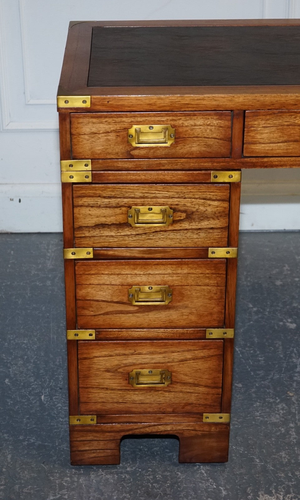 VINTAGE MILITARY CAMPAIGN TWIN PEDESTAL DESK WITH BRASS FITTINGS
