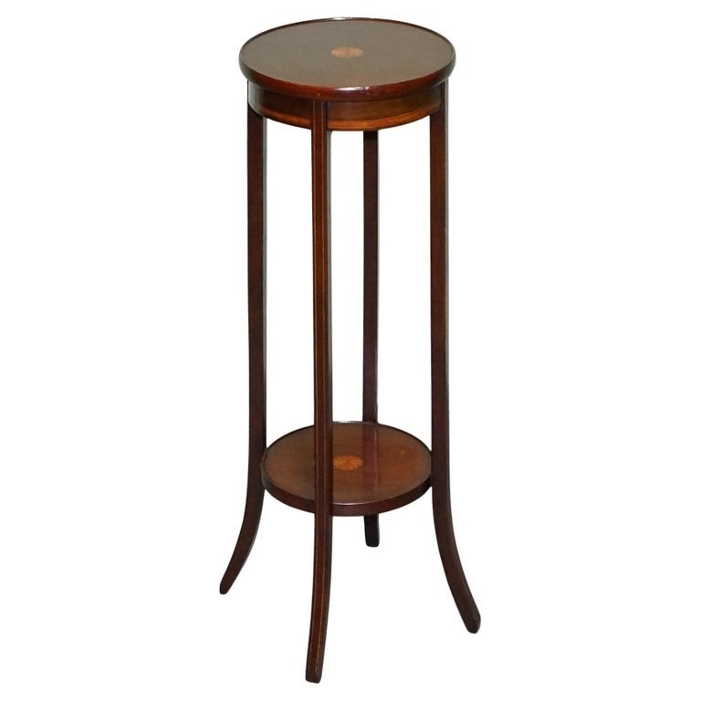 ANTIQUE HARDWOOD TWO TIER PLANT STAND WITH STARBURST MARQUETRY INLAY