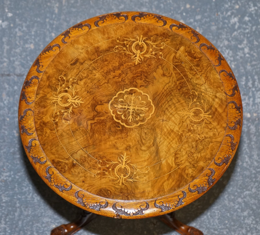 ANTIQUE MARQUETRY BURR WALNUT PEDESTAL SIDE END TABLE WITH CARVED & TURNED BASE