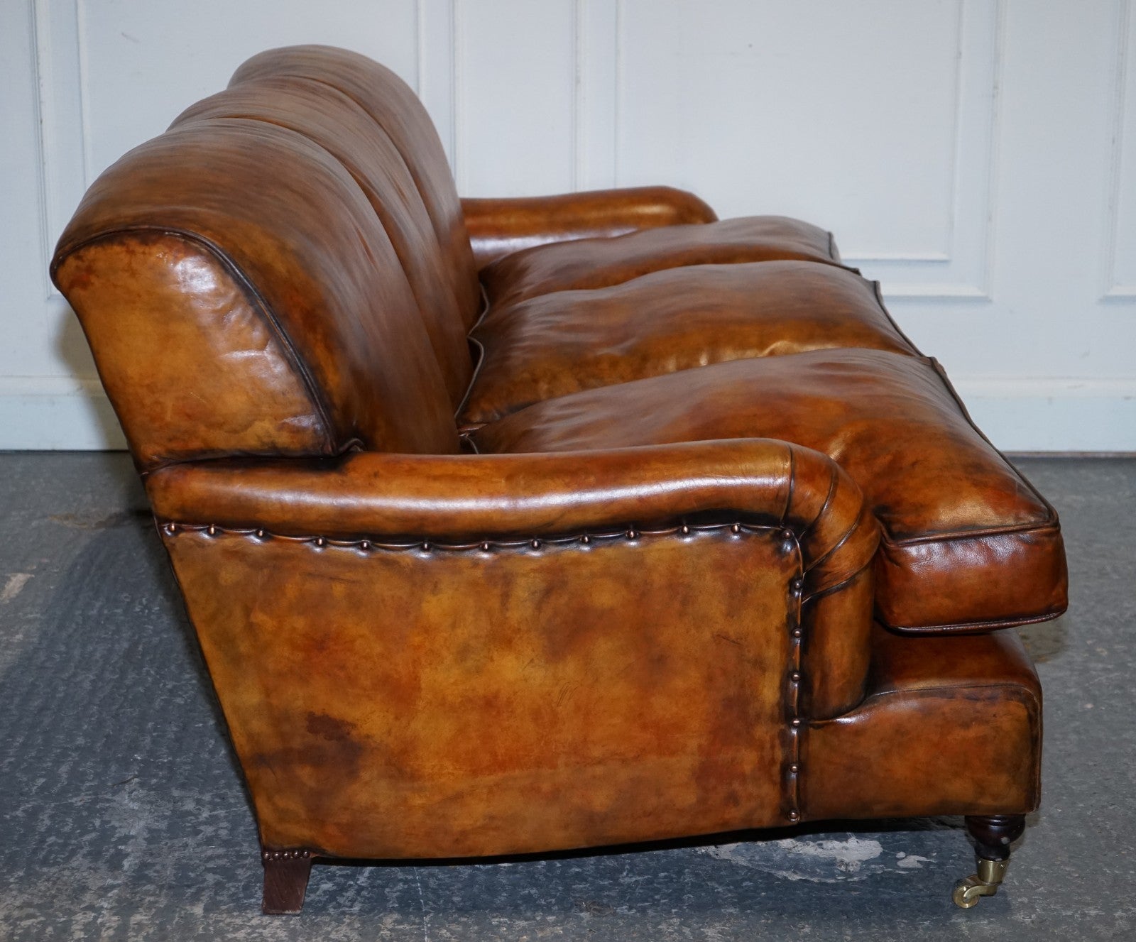 RESTORED HAND DYED LEATHER THREE SEATER SOFA HOWARD & SONS STYLE FEATHER FILLED