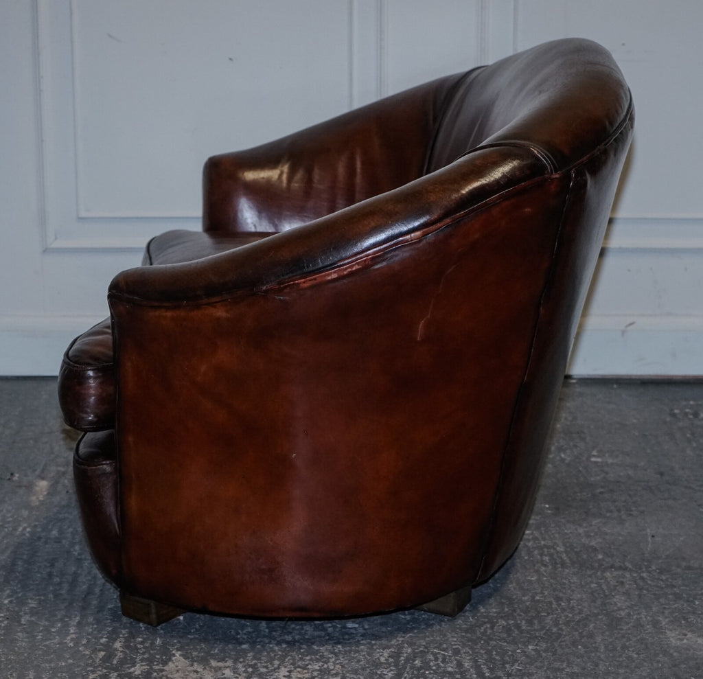 1920'S ART DECO RESTORED HAND DYED WHISKEY BROWN SUITE SOFA ARMCHAIRS FOOTSTOOLS