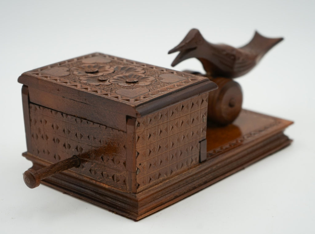 CIRCA 1950'S BIRDIE CIGARETTE DISPENSER CARVED WOOD BOX